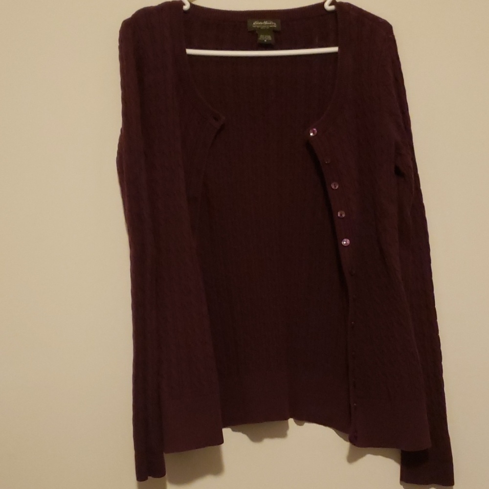 Lightly worn, purple sweater.